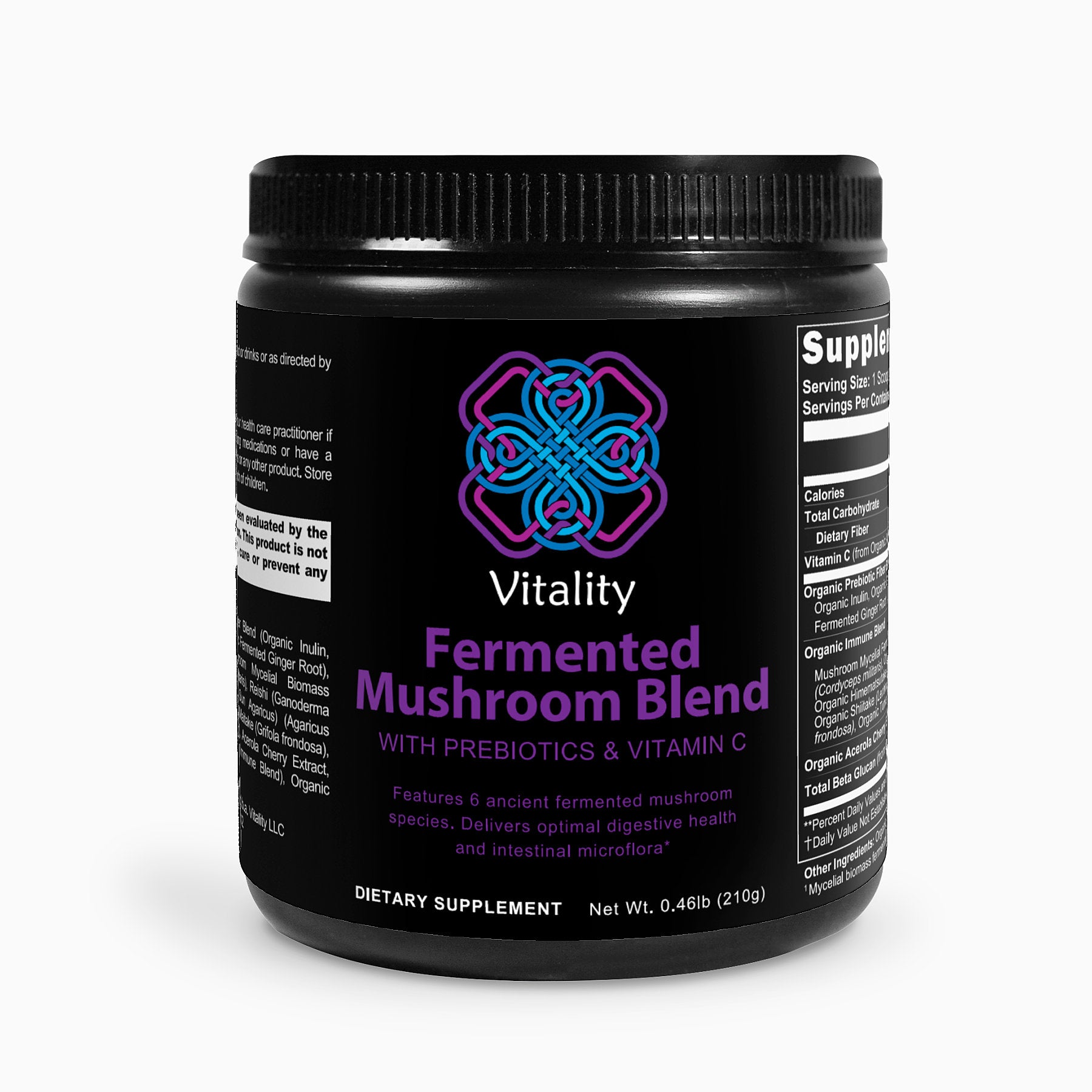 Fermented Mushroom Blend container with images of 7 different mushrooms.