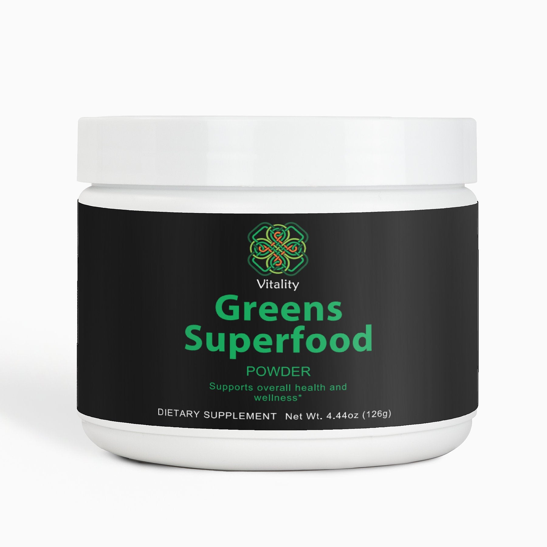 Nature's Vitality Boost Greens Powder container with fresh vegetables.