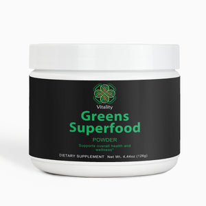 Nature's Vitality Boost Greens Powder container with fresh vegetables.