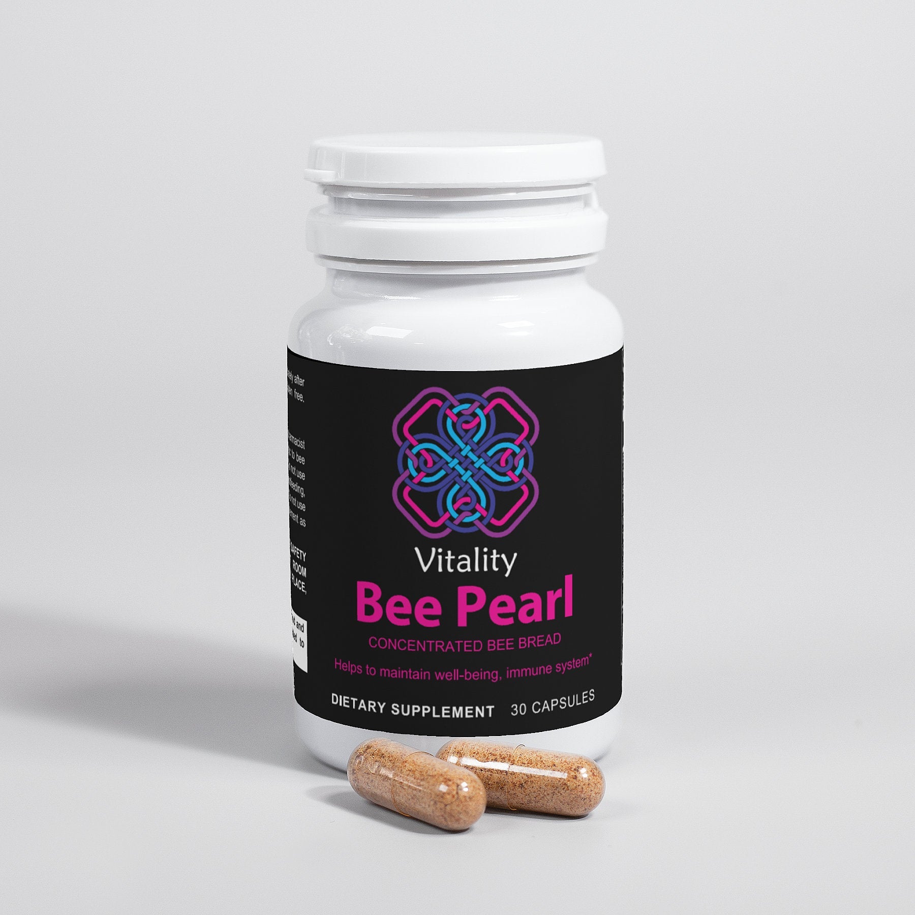 Bee Pearl Wellness Boost capsules in a premium bottle, surrounded by natural elements. (Image 2 of 6)