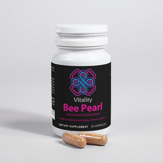Bee Pearl Wellness Boost capsules in a premium bottle, surrounded by natural elements. (Image 2 of 6)