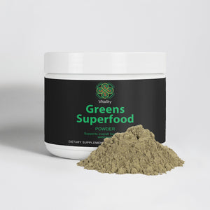 Nature's Vitality Boost Greens Powder container with fresh vegetables. (Image 3 of 5)