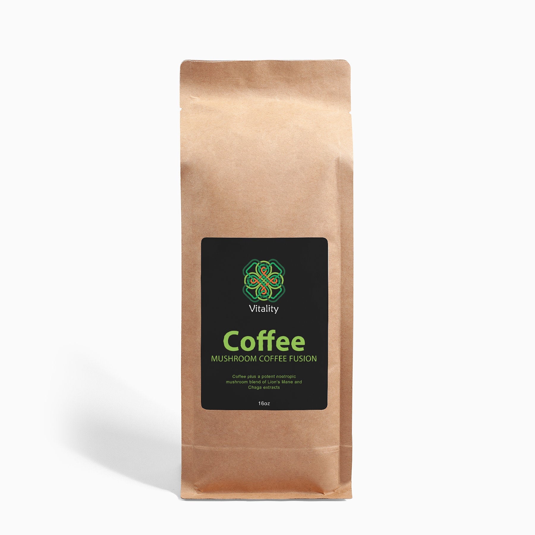 Brain Boost Coffee Blend bag with coffee beans and Lion's Mane mushroom.